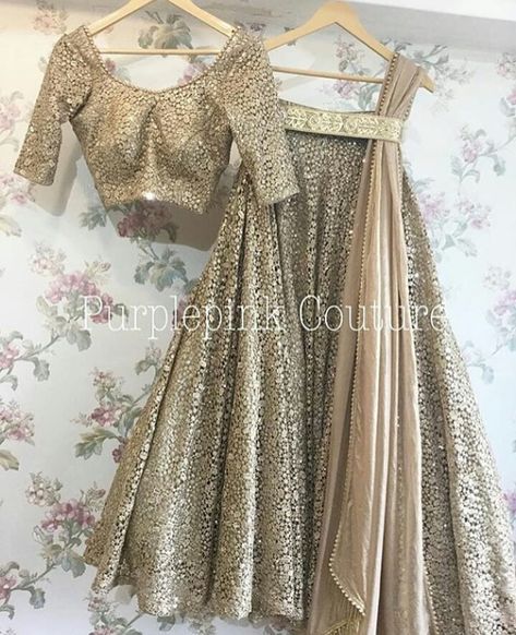 gold glitter lengha with 3/4 sleeves and full embellishment Glitter Lengha, Glitter Lehenga, Bollywood Lengha, Lengha Sari, Lehenga With Dupatta, Elegant Skirts, Dupatta Dress, Lehenga Choli For Women, Choli For Women