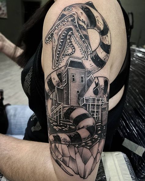 Really fun Beetlejuice Sandworm I got to do today for @oh_jessicaca jessicaca here at @studio.thirteen.orlando • The @allegoryink Beetlejuice Tattoo, Tim Burton Tattoo, Unique Half Sleeve Tattoos, Half Sleeve Tattoos, Scary Tattoos, Fire Tattoo, Spooky Tattoos, Horror Tattoo, Tattoo Style Drawings