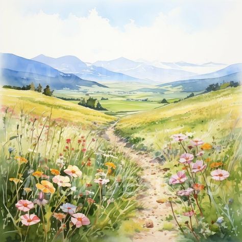 Watercolour Flower Field, Art Sources, Watercolor Meadow, Watercolour Clipart, Hymn Art, Watercolour Ideas, Painting Landscapes, Watercolor Wildflowers, Nature Watercolor