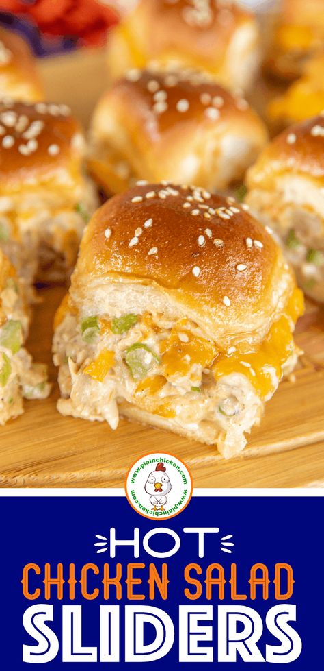 Hot Chicken Salad Sliders - my favorite chicken salad recipe and cheese sandwiched in Hawaiian rolls and topped with a sweet & savory glaze. Have mercy! Chicken, celery, Worcestershire sauce, mayonnaise, salt, pepper, Hawaiian rolls, butter, brown sugar, dijon mustard, and sesame seeds. Can assemble ahead of time and refrigerate until ready to bake. These easy baked chicken salad sandwiches that are great for parties, brunch, lunch, and dinner! #chickensalad #sandwich #sliders Chicken Salad Sliders, Hot Chicken Salad, Chicken Celery, Hot Salad, Hot Chicken Salads, Football Friday, Homemade Chicken Salads, Chicken Salad Sandwich Recipe, Chicken Salad Recipe Easy