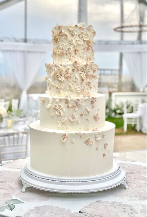 Neutral blush, pink and cream petals and flowers cascading down the cake #wedding #weddingcake #weddingcakeinspo #outdoorwedding #tentwedding #buttercream #buttercreamcake #nofondant #cakeinspiration Ivory And Gold Wedding Cake, Buttercream Floral Wedding Cake, Wedding Cake Beige, Wedding Cake Champagne Color, Neutral Pink Wedding, Beige Wedding Cake, Wedding Cake Buttercream Flowers, Champagne Wedding Cake, Butter Cream Wedding Cake