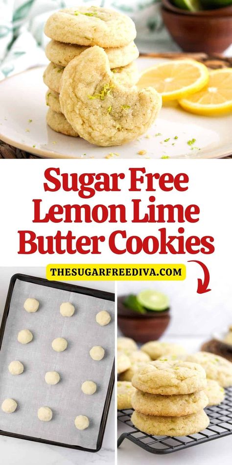 Sugar Free Lemon Lime Butter Cookies, a delicious flavorful, moist and chewy cookie recipe made with no added sugar. Lime Cookies, Cookie Recipes Chewy, Lime Butter, Sugar Free Baking, Sugar Free Recipes Desserts, Sugar Free Sweets, Lemon Sugar Cookies, Sugar Free Cookies, Crunchy Cookies