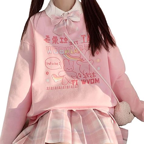 Amazon.com: Japanese Style Harajuku Kawaii Goth Fashion Soft Crewneck Light Fleece Lined Cartoon Rainbow Bunny Print Sweatshirt : Clothing, Shoes & Jewelry Harajuku Fashion Kawaii, Japanese Kawaii Fashion, Harajuku Pink, Cartoon Rainbow, Kawaii Rainbow, Kawaii Sweater, Pastel Goth Outfits, Pastel Kawaii, Girls Heart