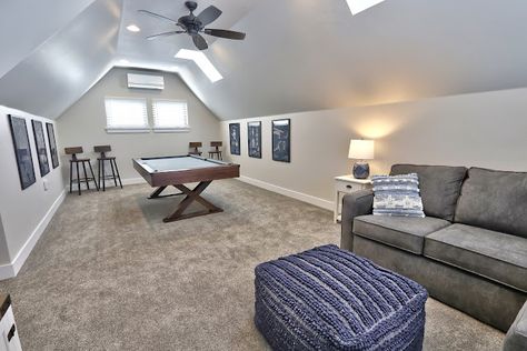 The Yellow Cape Cod: A Bonus Room Becomes a Cool Teen Hangout - Before & After Bonus Room Angled Ceilings, Yellow Cape Cod, Teen Hangout, Angled Ceiling, Online Design Services, Angled Ceilings, Cozy Place, Teen Room, Tv Room