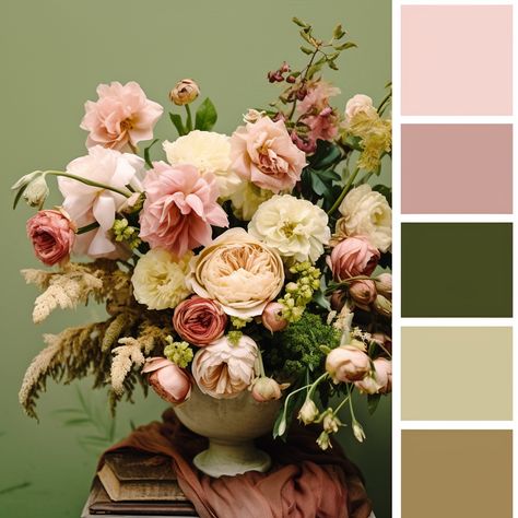 Color palette for design inspiration. Rosewater, blush pink, olive green, sand, camel. Bouquet of flowers as inspo Green Pink Wood Bedroom, Pink Color Palette Interior Design, Pink And Olive Green Bathroom, Mauve And Pink Color Palette, Olive And Blush Color Palette, Blush And Emerald Bedroom, Pink Gold Green Color Palettes, Dusty Rose And Olive Green Color Palette, Olive Pink Color Palette