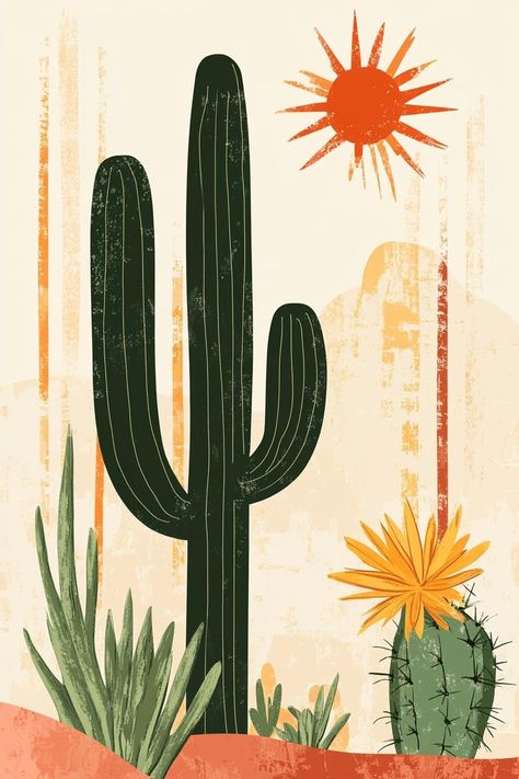 Cactus Inspiration, Cactus Artwork, Desert Artwork, Bordados Tambour, Desert Beauty, Cactus Drawing, Cactus Illustration, Western Wall Art, Fence Art