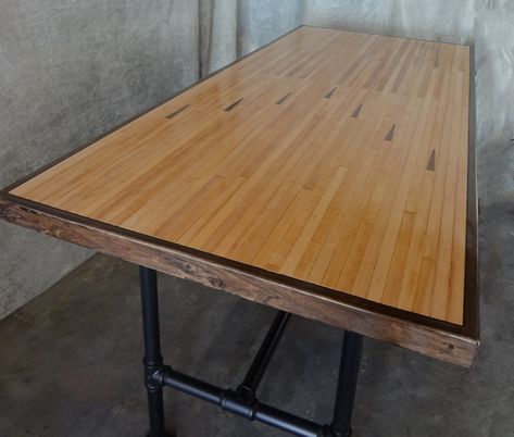 Custom Table made from reclaimed #bowling alley lanes with #PipeLegging for Empire Bowl in Redlands, CA Bowling Alley Table Top, Bowling Alley Bar Top, Bowling Lane Table, Bowling Alley Table, Garage Build, Woodworking Business Ideas, Frames Design, Custom Tables, Woodworking Business