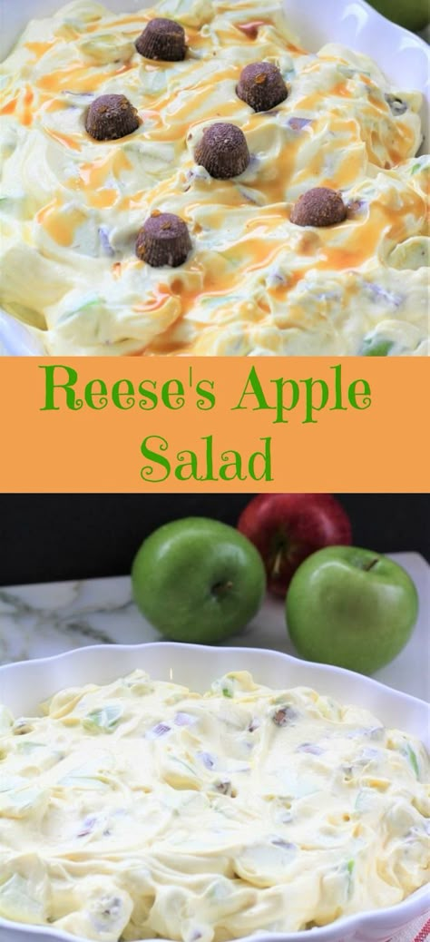 Reese's Apple Salad is perfect any time of year. The granny smith green apples give this salad just the right amount of tart with the sweet flavors.  We have had Snickers in our apple salad before, but my favorite candy bar is Reese's, so I decided to switch this salad up just a bit. It was fantastic. Little bits of Reese's in each bite with the granny smith apple was amazing in this Reese's Apple Salad recipe. You can have this salad put together in about 10 minutes. Granny Smith Apples Recipes, Brunch Sweets, Kale Apple Salad, Green Apple Salad, Apple Salad Recipe, Apple Desserts Easy, Apple Salad Recipes, Granny Smith Apple, Apple Recipes Easy