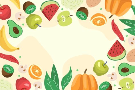 Fruit and vegetables background Free Vec... | Free Vector #Freepik #freevector #background #food #design #wallpaper Organic Food Labels, Food Background Wallpapers, Wallpaper Powerpoint, Shadow Illustration, Background Food, Colorful Borders Design, Tropical Background, Food Cartoon, Kids Background