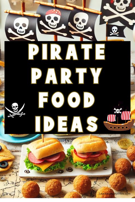 Want some fun and creative pirate themed food ideas for your next pirate party? Check out this spread featuring pirate ship sandwiches, cannonball meatballs, gold coin cookies, fish and chips, and pirate map pizzas! 
These easy-to-make snacks are perfect for kids' parties or themed gatherings, adding a playful touch while staying delicious. Get inspired with this unique menu that brings adventure to the table.

If you need some pirate party food ideas, click to check this out. Pirate Themed Foods, Pirate Themed Charcuterie Board, Pirate Themed Food Snacks, Pirate Birthday Party Food Ideas, Mermaid And Pirate Birthday Party Food, Pirate Themed Desserts, Pirate Themed Birthday Party Food, Pirate Food Party, Kids Pirate Birthday Party