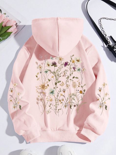 Pink Casual Collar Long Sleeve Knitted Fabric Floral Pullovers Embellished Slight Stretch  Women Plus Clothing Rose Hoodie, Floral Pullover, Modest Dresses Casual, Lined Hoodie, Fabric Floral, Printed Drawstring, Inspiration Mode, Modest Dresses, Colorful Hoodies