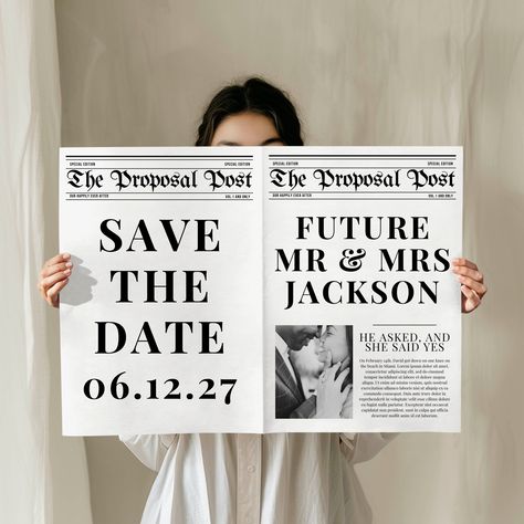 Newspaper Engagement Announcement Template Editable Save the Date Announcement Canva Design Printable Engagement Notice Wedding Announcement Save The Date Ideas Newspaper, Save The Date Magazine Cover, Save The Date Announcement Ideas, Newspaper Save The Date Photoshoot, Newspaper Save The Date Ideas, Fancy Save The Date, Save The Date Newspaper Photoshoot, Save The Date Instagram Story Ideas, Wedding Announcements Ideas