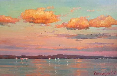 Canvas Art Painting Landscape, Sea Shore Painting, Lena Rivo, Skyscape Art, Sunrise Clouds, Art Painting Landscape, Ocean Drawing, Sunset Seascape, Dreamy Beach