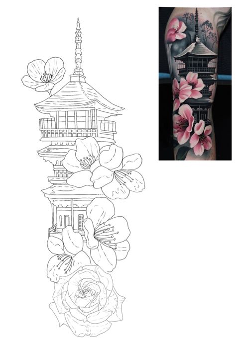 Japanese Architecture Tattoo, Japanese Building Tattoo, Japanese Pagoda Tattoo, Japanese Lantern Tattoo, Flower Stencil Tattoo, Stencil Tattoo Ideas, Building Tattoo, Sketchbook App, Lantern Tattoo