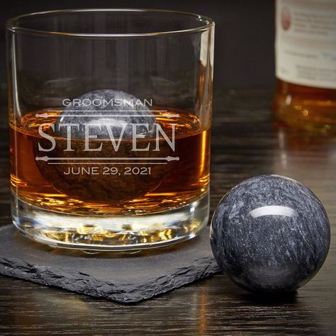 These whiskey spheres will ensure your drinks are ice cold, without the ice! #whiskey #gifts #giftsforhim Groomsmen Glasses, Glass Of Whiskey, Whiskey Gift Set, Groomsmen Gifts Unique, Bourbon Gifts, Engraved Whiskey Glass, Whiskey Lover Gifts, Whiskey Stones, Personalized Whiskey