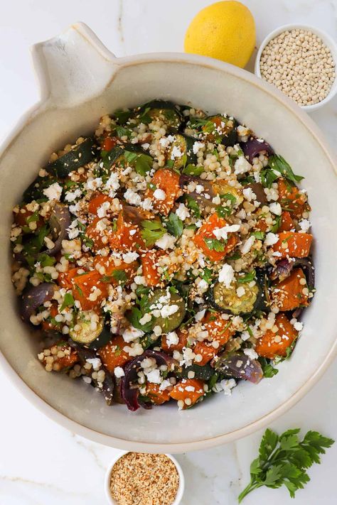 Roasted Pumpkin + Zucchini Couscous Salad – Goodness Avenue Zucchini Couscous, Healthy Whole Food Recipes, Eat More Fruit, Pumpkin Zucchini, Couscous Salad Recipes, Halloumi Salad, Pumpkin Salad, Roasted Apples, Roast Zucchini