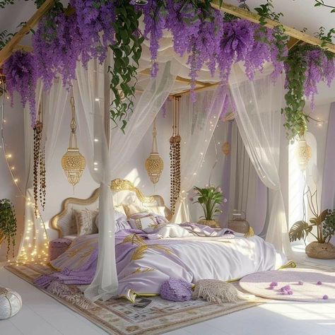 Cherry Blossom Canopy Bed, Garden Style Bedroom, Wisteria Canopy Bed, Wisteria Bed Canopy, Goddess Room Decor, Floral Ceiling Bedroom, Wisteria Ceiling Bedroom, Cute Home Aesthetic, Flower Bedroom Ideas