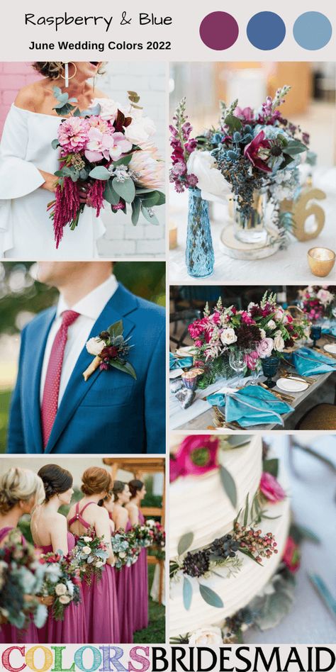 wedding florals in a dark raspberry and slate blue, table decor with blue and raspberry florals Summer Red Wedding Colors, Dusty Blue And Raspberry Wedding, Light Blue And Fuschia Wedding, Berry Blue And Burgundy Wedding, August Wedding Colors 2023, Colors For Weddings Summer, Colourful Wedding Colour Schemes, Dusty Blue And Fuschia Wedding, Dusty Blue And Magenta Wedding