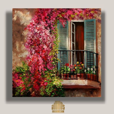 YARY DLUHOS Balcony Bougainvillea Window Flower Original Modern Art Oil Painting. #wall #art #gold #leaf #photography #love #nature #streetart #luxury Artist Oil Painting, Balcony Bougainvillea, Bougainvillea Window, Window With Flowers Painting, Balcony Painting, Modern Art Oil, Painting Impressionism, Original Modern Art, Canvas For Beginners