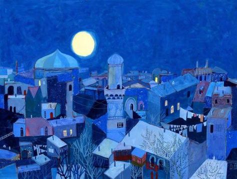 Victoria Semykina, Painting Moon, Night Illustration, Poster Blue, Moonlit Night, Blue Wall Decor, City At Night, Red Wall Art, Art Night