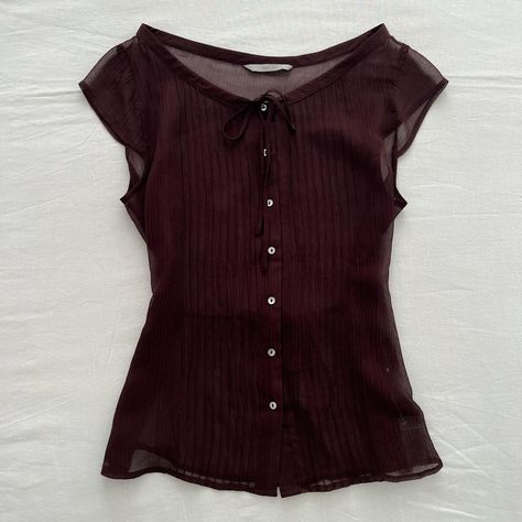 ୨ vintage wrap burgundy brown blouse ୧‬ ╴ ╴ ╴ ╴❀ ╴... - Depop Brown Aesthetic Clothing, Blouse Aesthetic, Classy Shirts, Parisian Chic Outfits, Burgundy And Brown, Y2k Blouse, Blouse Y2k, Vintage Blouses, Fitted Blouse