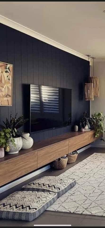 Dark Wall Tv Living Room, Entertainment Wall Living Room, Textured Tv Wall Ideas, Tv On Dark Wall, Wood Panel Wall Behind Tv, Living Room Tv Wall Ideas With Fireplace, Dark Grey Tv Wall, Living Room Dark Accent Wall, Navy Tv Wall