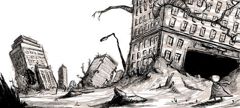 Abandoned City Drawing, Destroyed City Drawing, City Drawing Easy, Ruins Drawing, Zombie City, Kota Masa Depan, Destroyed City, City Ruins, Accesorios Aesthetic