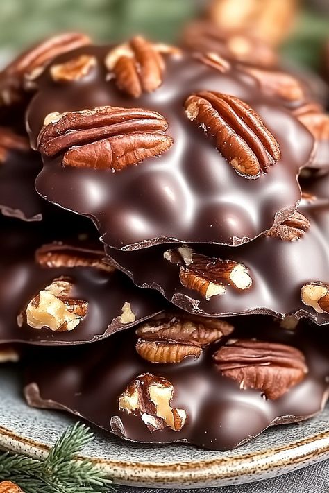 CHOCOLATE PECAN TURTLE CLUSTERS Almond Clusters Recipe, Pecan Clusters Recipe, Chocolate Pecan Turtle Clusters, Pecan Caramel Clusters, Pecan Turtle Clusters, Turtle Clusters, Sugar Coated Pecans, Caramel Clusters, Ineskohl Kitchen