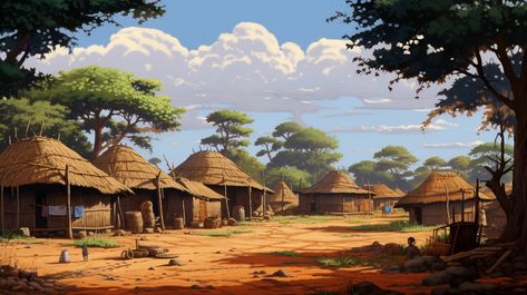 Village in Zimbabwe Village Reference, Village Background, Africa Village, African Village Concept Art, African Village, African Village Art, African Village Fantasy Art, Jungle Village Art, African Village Aesthetic