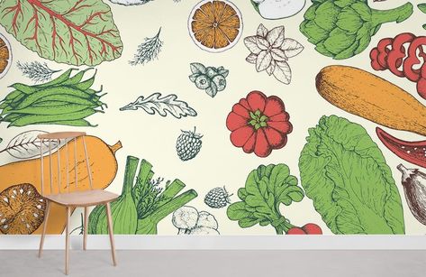 Mural Dining Room, Vegetable Wallpaper, Flip Image, Room Vibes, Dining Room Wallpaper, Wallpaper Uk, Retro Living Rooms, Fruit Wallpaper, Wall Drawing