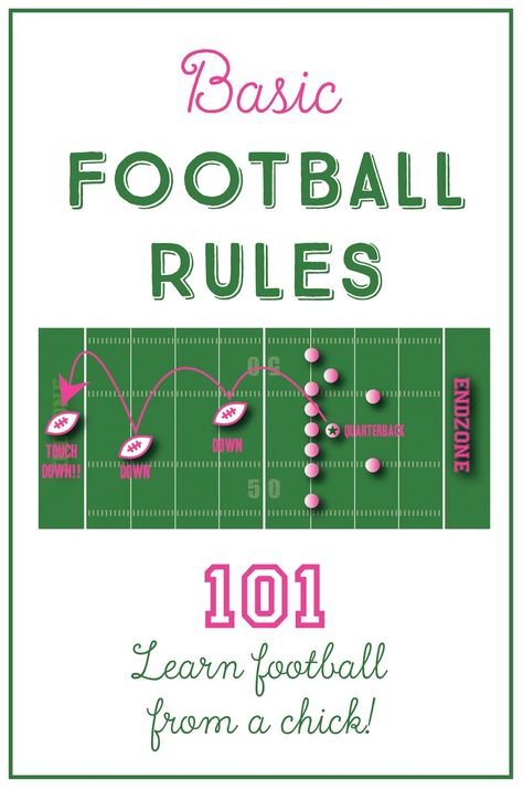 Does football confuse you? Does it seem like even if you pay attention to what's going on, you still can't understand the commentators (or your husband/friend/boyfriend/sports fan)? Well, you've come to the right place! Learn the basic rules of football from one gal to another. I break things down in easy to understand analogies that relate to us! Learn this along with positions, terms, and of course some gossip thrown in. Start participating in football conversations immediately! How To Understand Football, Football Basics, American Football Rules, Learn Football, Football For Dummies, Youth Football Drills, Understanding Football, Soccer Rules, Football Positions