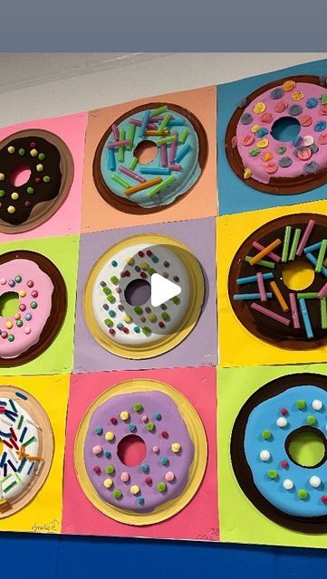 Lauralee Chambers🌀 on Instagram: "Time to share the donuts!!!

This was a really engaging and successful lesson for all 7 third grade classes! I had my husband drill holes in stacks of 10 plates with a circle drill. 10” plates are mounted on 12x12” paper with hot glue. Frosting and donuts are tempera and almost all toppings were grabbed at @retakeremake my go to for all things art! Displaying these was a game of strategy to get a variety in three rows across 36’ x3’ bulletin board. If you only see my posts, be sure to check out my stories every day!

@mychinet @retakeremake @dunkin @earthlingerin thanks for your 2017 post. I never forgot it🩷" Paper Plate Donut Craft, Donut Activity Preschool, Food Themed Art Projects For Kids, Art Class Bulletin Boards Elementary, Donut Art Project For Kids, Circle Art Preschool, Donut Day Activities, Donut Art Project, Circle Preschool Activities