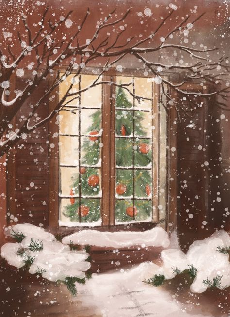 Cozy Christmas Painting, Baba Jaga, Through A Window, Japan Illustration, Christmas Illustrations, Winter Illustration, Winter Wallpaper, Christmas Drawing, Winter Pictures