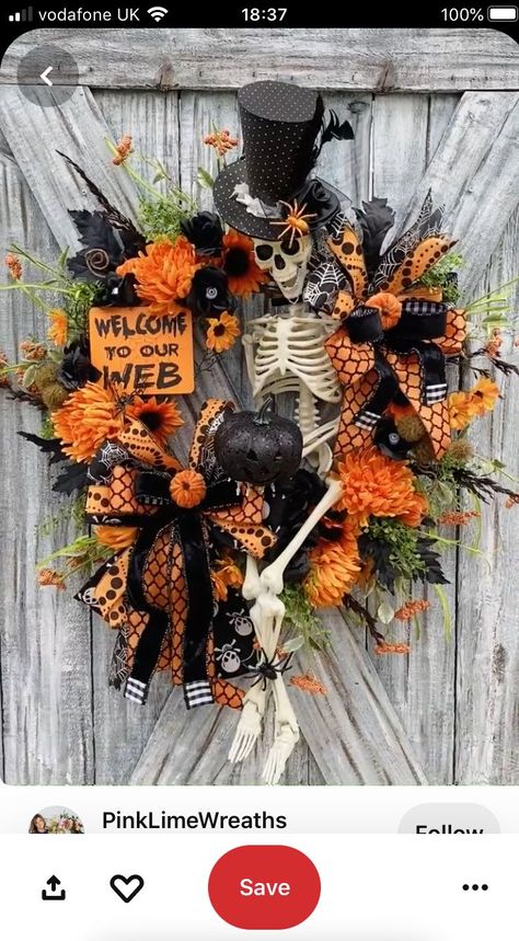 Pin by Celia Alvarez on holiday crafting and stenciling in 2022 | Halloween wreath, Scary halloween wreath, Halloween decorations wreaths Christmas Wreaths Ribbon, Wreaths Ribbon, Scary Halloween Wreath, Halloween Decorations Wreaths, Skeleton Wreath, Halloween Mesh Wreaths, Halloween Door Wreaths, Mr Bones, Spooky Wreath