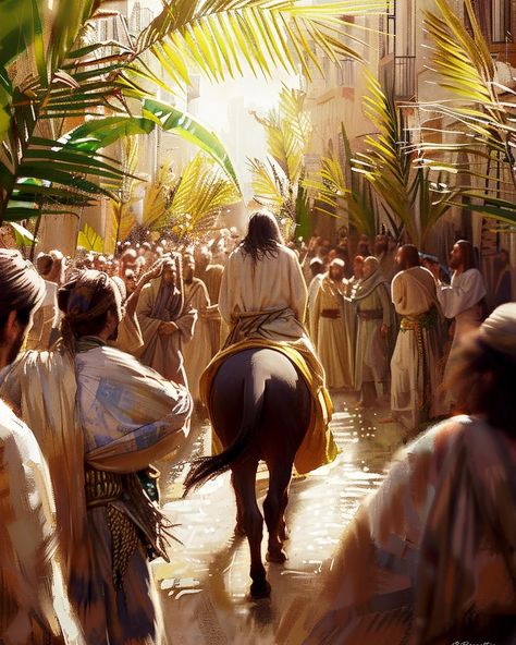 The disciples went and did as Jesus had instructed them. They brought the donkey and the colt and placed their cloaks on them for Jesus to sit on. A very large crowd spread their cloaks on the road, while others cut branches from the trees and spread them on the road. The crowds that went ahead of him and those that followed shouted, “Hosanna to the Son of David!” “Blessed is he who comes in the name of the Lord!” “Hosanna in the highest heaven!” When Jesus entered Jerusalem, the whole city w... Spirit And Truth, Savior Of The World, Hosanna In The Highest, Jesus Coming Back, Son Of David, Bible Verses Kjv, Bible Verse Pictures, Church Graphics, Jesus Christ Artwork