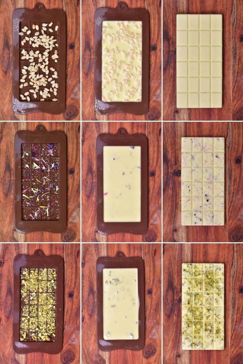 White chocolate with different toppings Homemade Milk Chocolate, Make Powdered Sugar, Custom Chocolate Bars, Homemade Chocolate Bars, Homemade Buttercream Frosting, How To Temper Chocolate, White Chocolate Recipes, Chocolate Candy Recipes, Chocolate Recipes Homemade