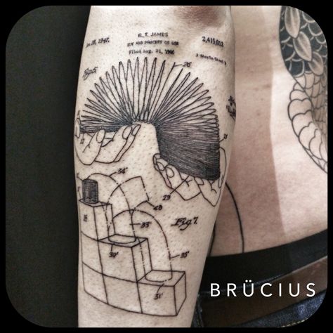 #BRÜCIUS #TATTOO #SF #SanFrancisco #brucius #natural #science #engraving #etching #sculptoroflines #dotwork #blackwork  #penandink #lines #patent #toy #slinky Bobinsky Tattoo, Stanley Kubrick Tattoo, Slinky Tattoo, Ziggy Ink Tattoo, Kubrick Good Tattoo, Ink Link, Tools And Toys, Ink Stain, Weird Art