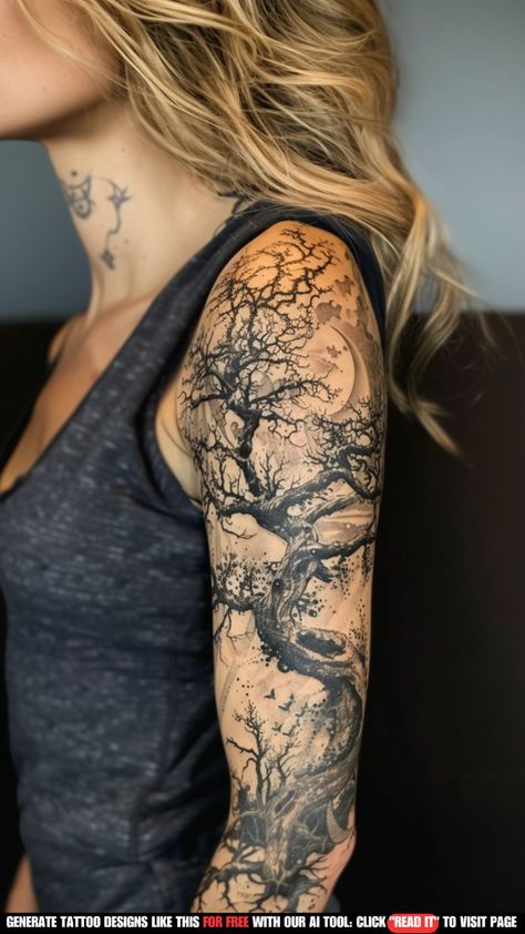 Hunting Sleeve Tattoo Women, 3d Tattoo Designs Ideas, Tree Tattoos For Women Arm, Tree Sleeve Tattoo Women, Tree Back Tattoo Women, Arm Tree Tattoo, Dark Tree Tattoo, Fairy Tattoo Sleeve, Tree Arm Tattoo