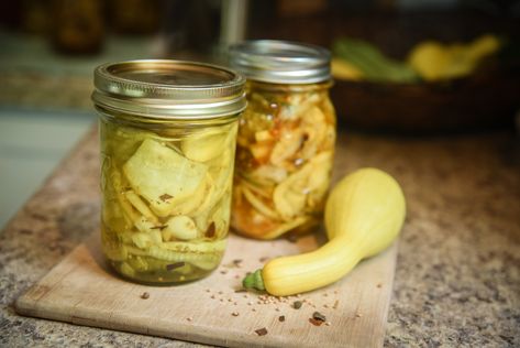 Canning recipes for squash pickles, great for zucchini, yellow squash, or cucumbers. Crispy and delicious easy water bath canning recipe. Pickle Zucchini, Recipes For Squash, Canning Yellow Squash, Pickled Squash Recipe, Crispy Squash, Squash Pickles, Canning Squash, Garden Squash, Sauteed Squash