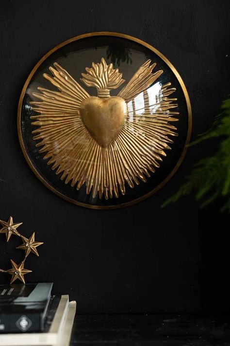 Mexican Catholic Art, Milagro Heart, Love Gratitude, Catholic Crafts, Rockett St George, Black Backdrop, Heart With Wings, Black Backdrops, Golden Heart