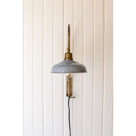 Kalalou Antique Brass One-Light Wall Sconce with Grey Shade NDE1424 | Bellacor Bedroom Tour, Iron Wall Sconces, Barn Light, Brass Wall Lamp, Industrial Wall Lights, Industrial Wall, Barn Lighting, Jar Lamp, Edison Bulb