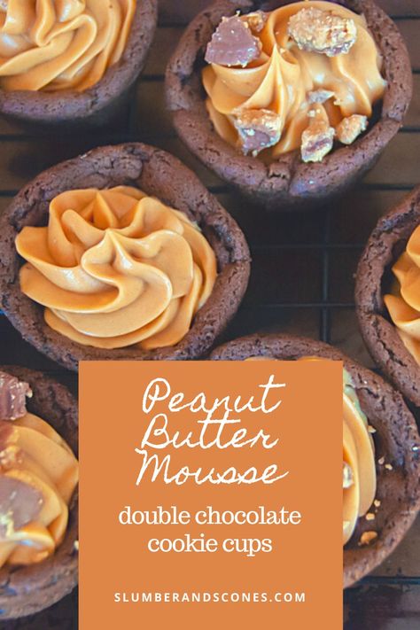 Chocolate Cookie Cups, Chocolate Chip Cookie Cups, Mousse Chocolate, Peanut Butter Mousse, Peanut Butter Cup Cookies, Double Chocolate Cookies, Chocolate Peanut Butter Cookies, Lost 100 Pounds, Peanut Butter Filling