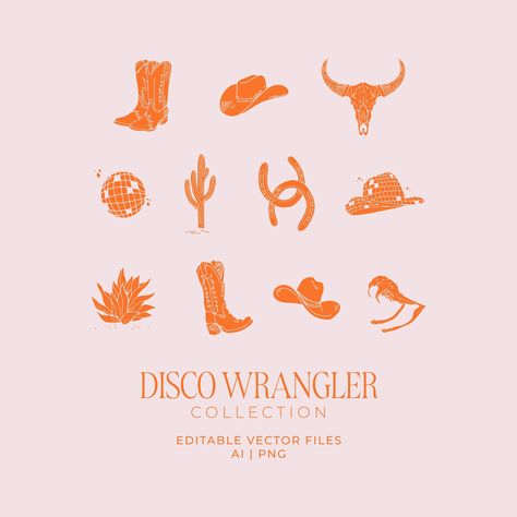 Disco Wrangler Collection * A vibrant, disco-western-inspired suite of illustrations. Disco western-themed graphics--includes cowboy boots & hat, disco ball, cacti and more. Perfect illustrations to aid graphic designers for party invitations - hens party (last rodeo) and birthday party.  Comes in black & white. This listing is an INSTANT DIGITAL DOWNLOAD. NO physical item will be shipped to you. Once you purchase, you will receive a download link and with this link, you can download all the fil Disco Cowgirl Illustration, Western Aesthetic Party, Cactus Graphic Design, Retro Cowgirl Bachelorette Party, Western Packaging, Western Disco Party, Rodeo Illustration, Cowboy Boots Illustration, Disco Cactus