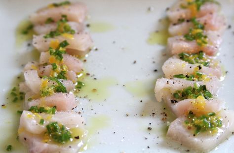 Halibut Crudo With Lemon Oil Halibut Crudo, Caprese Salad Bites, Festive Appetizers, Elegant Appetizers, Appetizers For A Crowd, Cheese Straws, Popsugar Food, Easy Seafood, Seafood Appetizers