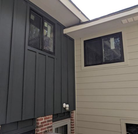 James Hardy Siding. Lap: Monterey Taupe Board and Batten: Iron Gray   Windows: Anderson 100 series in #bronze. #siding #jameshardy #lap #boulder #edgy Herringbone Siding Exterior, Board And Batten With Lap Siding, Taupe Board And Batten, James Hardy Siding, Iron Gray Hardie Siding, James Hardie Iron Gray, Hardy Siding, Brownstone Exterior, Gray Windows