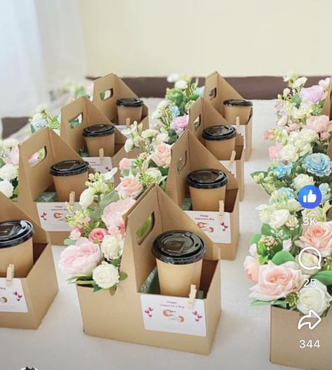 Flower Ideas For Mother’s Day, Mothers Day Coffee Shop Ideas, Flower Arrangement Gift Ideas, Mothers Day At Church Ideas, Flower And Coffee Gift, Mother’s Day Gift Ideas For Employees, Drink Carrier Flower Arrangement, Coffee Flower Bouquet, Coffee Bouquet Ideas