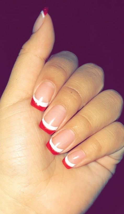 Nail Designs Red Tips, French Tip December Nails, Red French Tip Nails Square Christmas, Red White And Green French Tip Nails, White French Tip With Red Line, White Nails Red Tips, Red And White Dip Nails, Red And White Tip Nails, Red White French Tip Nails