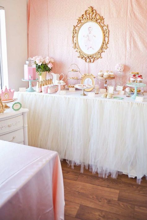 Royal princess birthday party | 10 1st Birthday Party Ideas for Girls Part 2 - Tinyme Blog Royal Princess Birthday, Princess Party Ideas, Party Ideas For Girls, Tutu Table Skirt, 1st Birthday Princess, Tutu Table, Princess First Birthday, Buffet Dessert, 1st Birthday Party For Girls