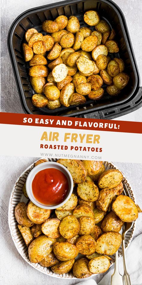 These air fryer roasted potatoes are crispy on the outside, and fluffy on the inside tossed with savory olive oil, herbaceous oregano, red pepper flakes, and salt. Fingerling Potatoes Air Fryer, Air Fryer Potatoes, Red Potato Recipes, Roasted Fingerling Potatoes, Airfryer Recipes, Fingerling Potatoes, Potato Sides, Healthy Side, Potato Side Dishes