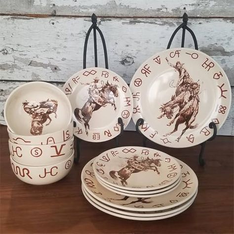 Amazon.com | Cowboy Living Broncs & Brands 12 Piece Dinnerware Set of Four Place Settngs, Including Dinner Plates, Salad Plates, and Dinner Bowls: Dinnerware Sets Western Dinnerware Sets, Western Plates Dinnerware Sets, Western Dishes Sets, Western Plates, Ranch Glam, Western Dining Table, Cowboy Kitchen, Real Farmhouse, Brown Kitchen Decor